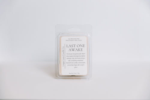 Wax melt container labeled 'Last One Awake' on a white background